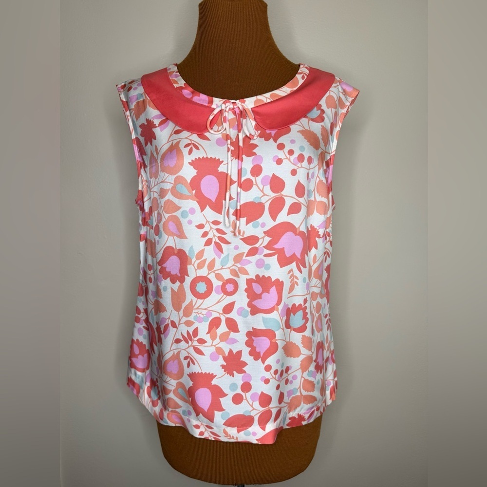 Boden Silk Blend Pink Floral Peter Pan Collar Sleeveless Blouse Sz Med